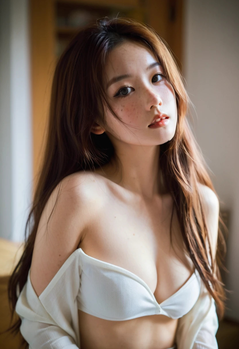 score_9, score_8_up, score_7_up, BREAK, innocent and alluring, long hair, alternative vibe, beautiful eyes, freckles, medium breasts, subtle cleavage, tight body, slutty, candid picture, (cozy bedroom), off-shoulder shirt, dynamic angle, vibrant lighting, high contrast, dramatic shadows, highly detailed, detailed skin, depth of field, film grain.Japanese