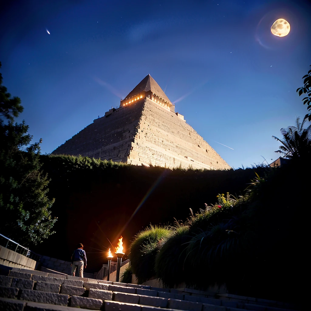 in the city，There are magnificent pyramids inside，Under the Pyramid，A person wears VR glasses，Game CG，Extremely high resolution，moon，night，There are torches near the pyramids
