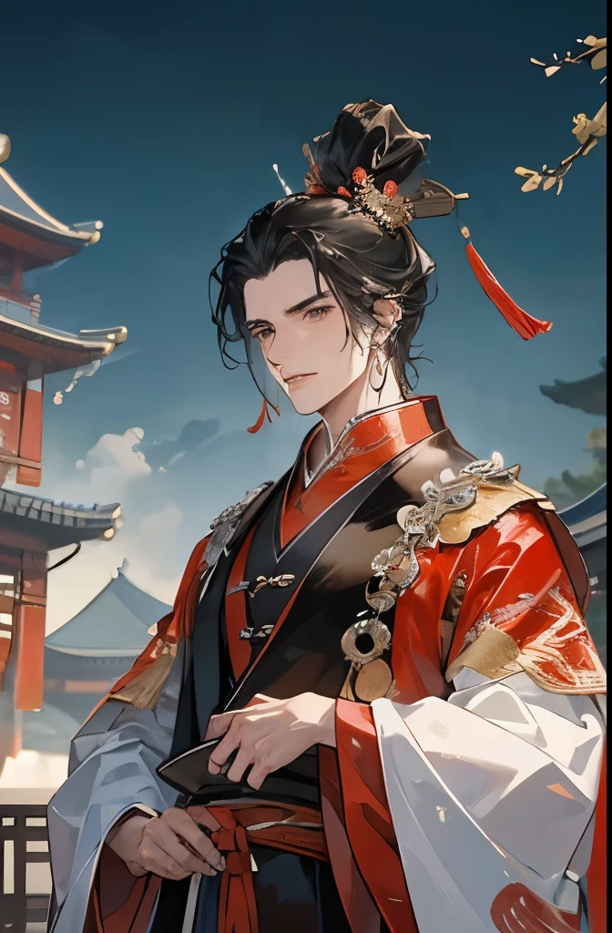 best quality,masterpiece,A black-haired man stood in front of the crowd with high spirits,Ancient Chinese official costumes,Chinese bun,Chinese traditional clothing,Chinese Palace,