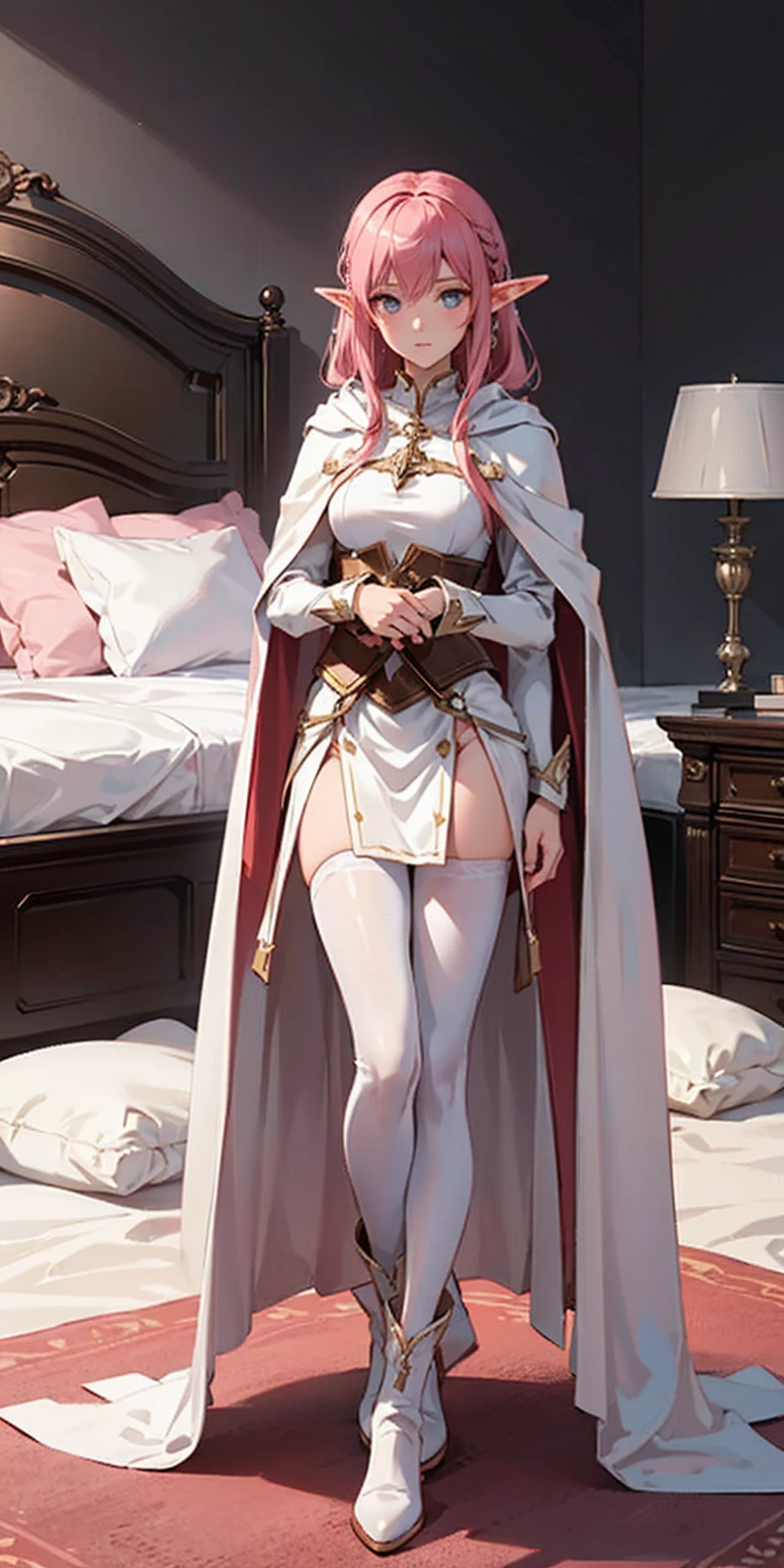 red tinted hair, white armor, long cape, long black glovelack pantyhoses, beautiful female standing with white boots, (elf), (1girl), solo, sitting on bed, bedroom background (PINK SHEETS and a pillow)