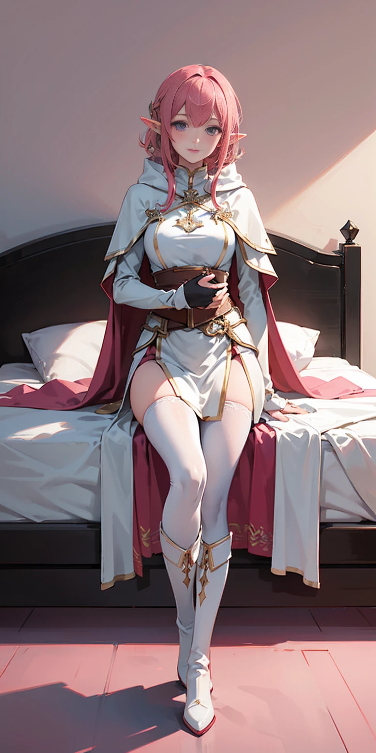 red tinted hair, white armor, long cape, long black glovelack pantyhoses, beautiful female standing with white boots, (elf), (1girl), solo, sitting on bed, bedroom background (PINK SHEETS and a pillow)