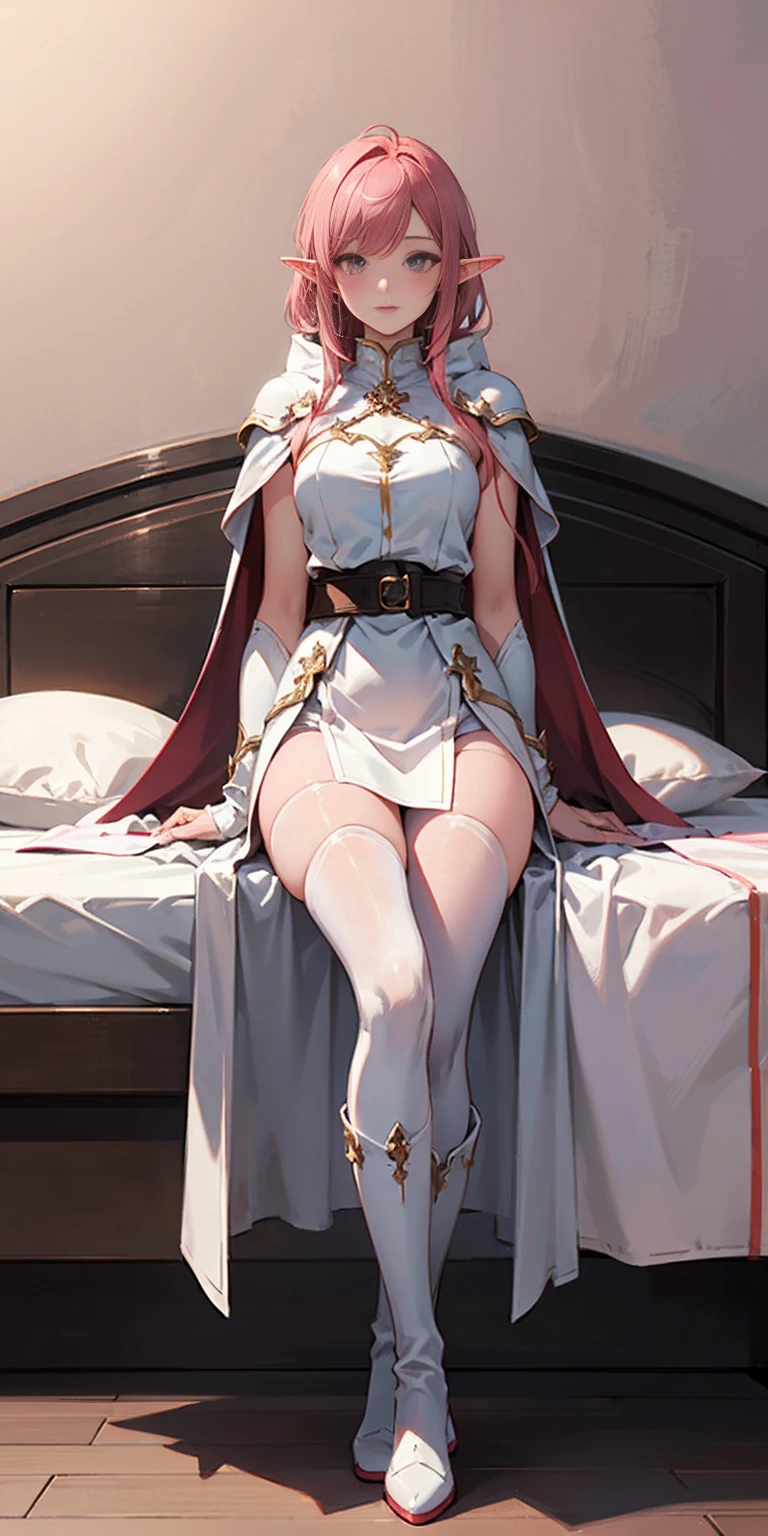 red tinted hair, white armor, long cape, long black glovelack pantyhoses, beautiful female standing with white boots, (elf), (1girl), solo, sitting on bed, bedroom background (PINK SHEETS and a pillow)