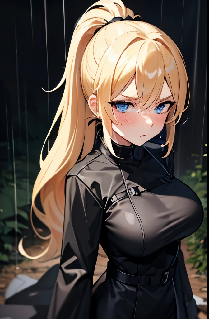 Blonde,ponytail,He is wearing a long black raincoat over a tight black suit.,blue eyes,Large Breasts,Slender,Serious face,blush,rain,forest,night,Face down,Gloomy face,walk