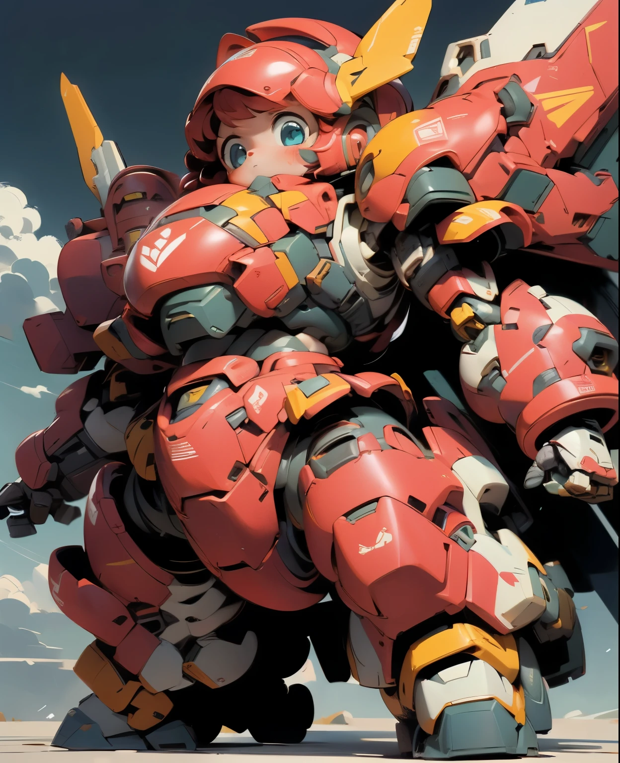 (((1 chibi girl in large red-colored robot costume, from below))), (holding weapons), (chibi), (bulky:1.8), (((helmet:1.5))), (((looking down:1.4))), large cute face, mechanical parts, ((mechanical wings)), (full armor:1.8), (mecha armor:1.8), (shoulder guards:1.2),(huger arms), ((mechanical arms:1.5)), (short legs), (huger body:1.8), (heavy equipment:1.6), (from below), (headgear), blue sky, white clouds, robot joints, becoming a mecha, mecha, (RARS), (HRS), ROBOTANIMESTYLE, BJ_Cute_Mech,cute, girl BREAK ((masterpiece)), vibrant colors, 8k, best quality, ultra detailed illustration, ((best quality)), ((high resolution)), flawless skin textures, shiny oiled skin, extremely detailed anime eyes , extreme light and shadow