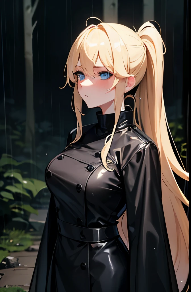 Blonde,ponytail,He is wearing a long black raincoat over a tight black suit.,blue eyes,Large Breasts,Slender,Serious face,blush,rain,forest,night,Face down,Gloomy face,walk