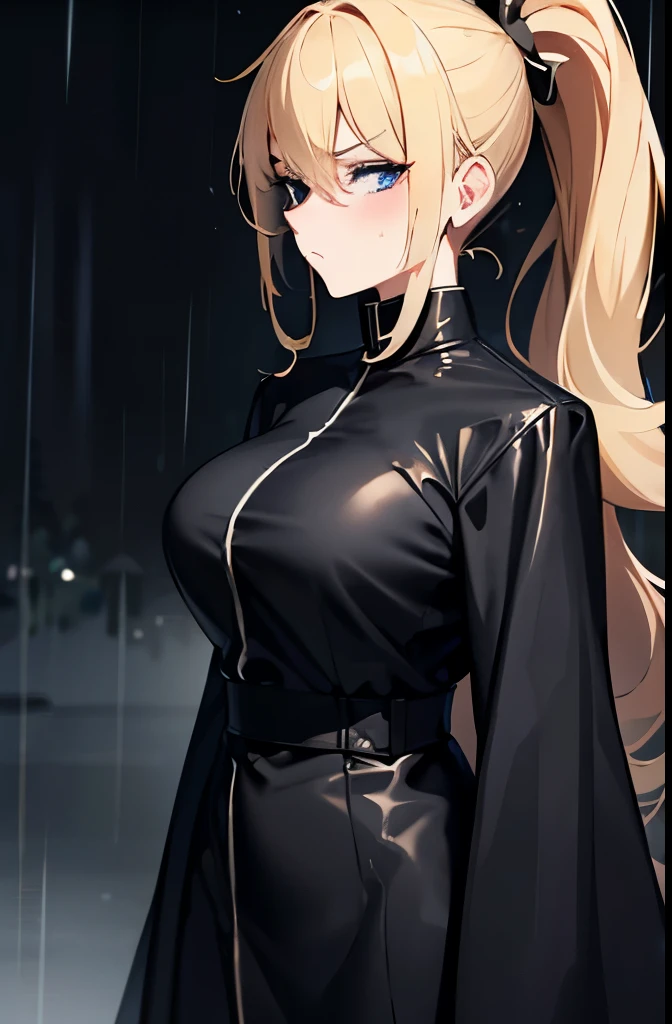Blonde,ponytail,He is wearing a long black raincoat over a tight black suit.,blue eyes,Large Breasts,Slender,Serious face,blush,rain,forest,night,Face down,Gloomy face,walk