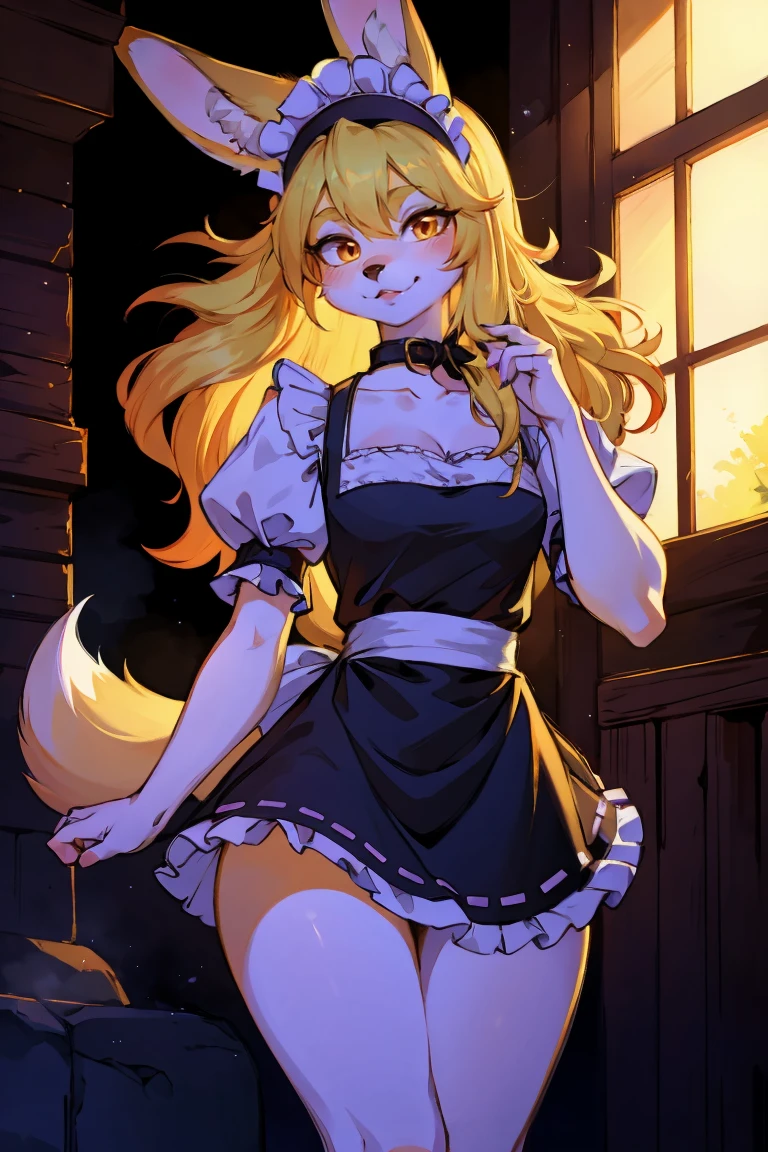 (hairy,Dog Girl,Furry girl in maid costume),(best quality,high resolution,Extremely detailed,Practical:1.37),Beautiful and delicate eyes,Beautiful and delicate lips,Extremely detailed eyes and face,Long eyelashes,It has soft fur,Blonde hair,Natural sunlight,Garden,Soft colors,Peaceful atmosphere,Warm and comfortable environment,Vibrant colors,Playful expression,Gentle smile,Bright Eyes,curls,Elegant Posture,Cute dog ears,Cute tail,Fluffy Skirt,Exquisite embroidery,Ruffled lace apron,Maid headband,cute collar,Bunny slippers,Ribbon,Rustic white frills,Luxurious fabrics, number,Smart Rendering,Dreamy atmosphere,Delicate hands+bow,Small proportions,Beautiful movements,Pure charm,Peculiar details,Fascinating background, Fantasy Lights, Artistic Composition