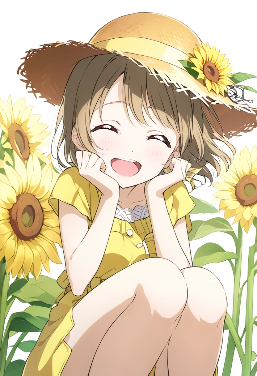 ((style:Colored pencil))Kasumi Nakasu, love live, Yellow-brown hair, Bobcut, short hair, ワンレングスBobcut, Asymmetrical Hair, Red Eye, Pastel yellow dress, No sleeve,straw hat, Large brim,  adult, flare lens, single, laugh, Close ~ eyes, 1woman, whole body , Sunflower field, squatting,
nakasu kasumi,