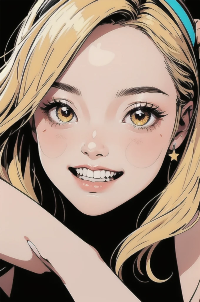original character , One girl, (Crazy Smile:1.2) , Blonde , bangs , Crazy Eyes , Put your hands on your face , Yellow blood splatter on face , Yellow and black color scheme, Open your mouth, (Eyes Wide Open:1.2), Glowing Eyes, left Star-shaped eyes, Star-shaped eyes, Pink Eyes, Pink Eyes