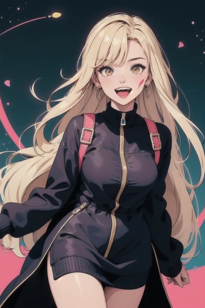 original character , One girl, (Crazy Smile:1.2) , Blonde , bangs , Crazy Eyes , Put your hands on your face , Yellow blood splatter on face , Yellow and black color scheme, Open your mouth, (Eyes Wide Open:1.2), Glowing Eyes, left Star-shaped eyes, Star-shaped eyes, Pink Eyes, Pink Eyes