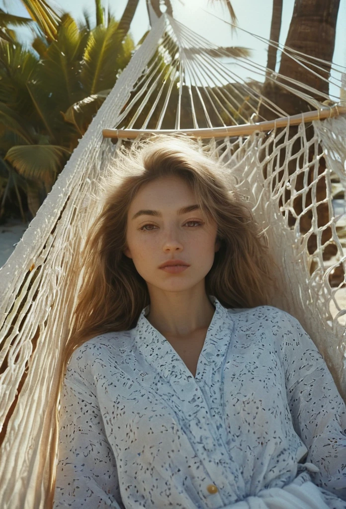 Aerial shot, overhead shot of a woman with long hair casually lounging in a hammock under coconut tree, beach, in the style of yigal ozeri, anamorphic lens flare, bella kotak, video, close up, light beige and blue --ar 73:108 --stylize 750 --v 6