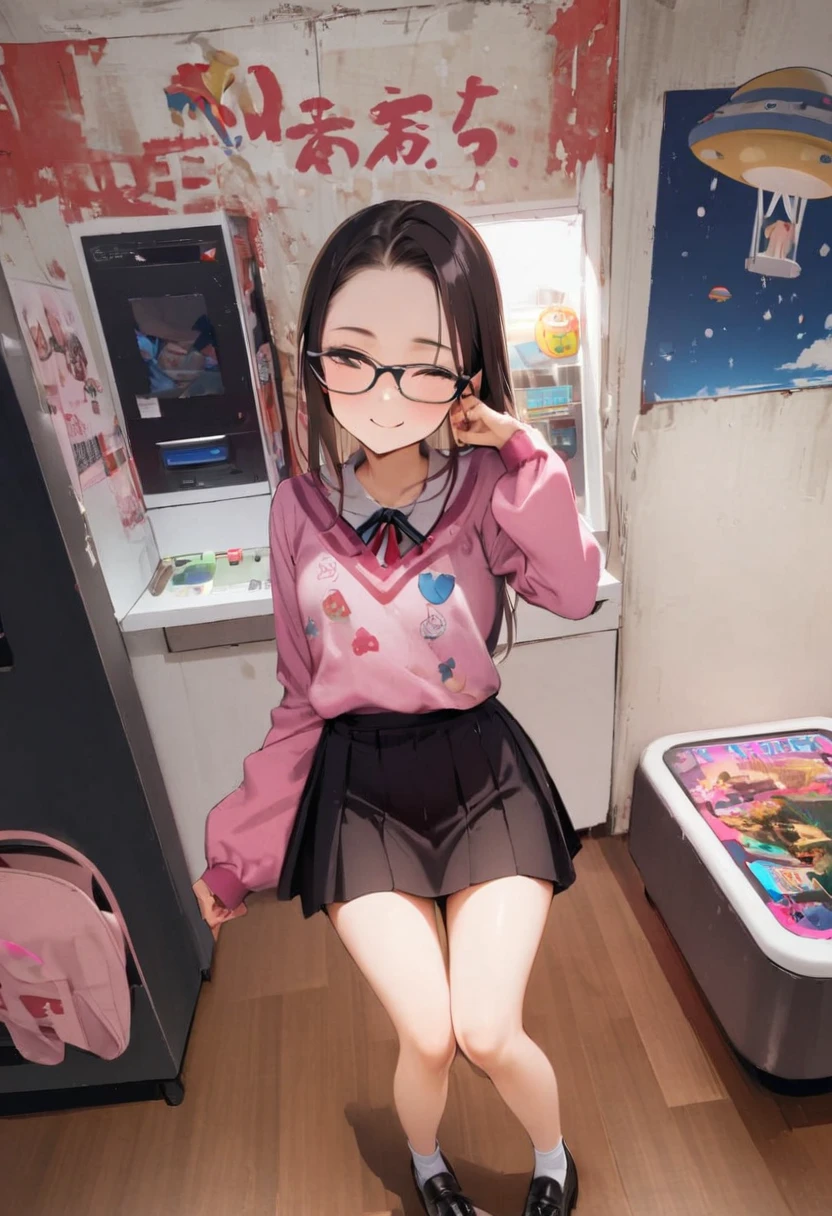 arcade、game machine、Game bench、UFO Catcher、Purikura、Date、Glasses、forehead、Panty shot、Pantieini skirt、Girl、Girl、Short、Younger、Lower school year、Baby Face、flat chest、smile、Dynamic Angle、masterpiece、best quality、ultra-detail、There are customers around、I'm making a mess、Clothing