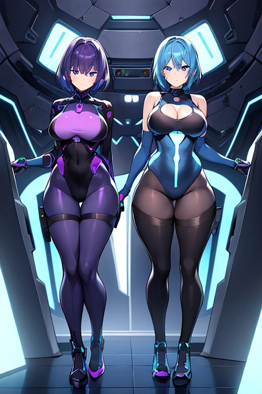 2girls, blue ees, purple hair, very short hair, large breasts, hourglass figure, bodysuit, black bodysuit, neon, neon trim, machinery, tech, science-fiction, futuristic, standing, full body, ((full body)), pantyhose,