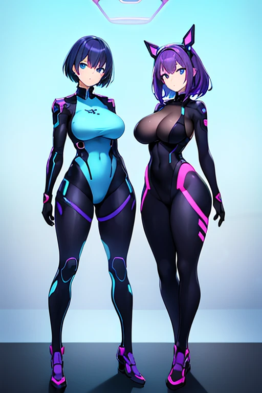 2girls, blue ees, purple hair, very short hair, large breasts, hourglass figure, bodysuit, black bodysuit, neon, neon trim, machinery, tech, science-fiction, futuristic, standing, full body, ((full body)), pantyhose,