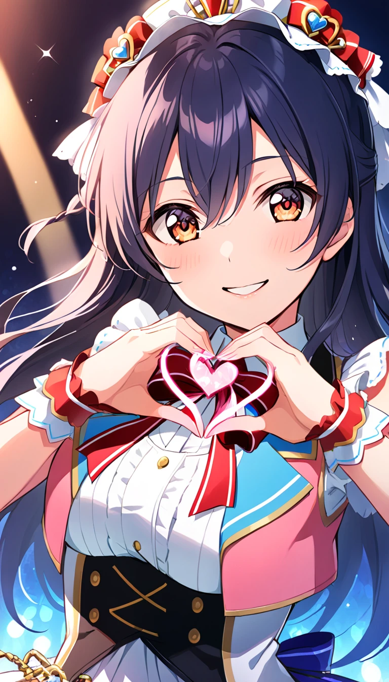 1girl, umi_sonoda, upper body, idol costume, smile, id_umi_sonoda,making her heart-shaped hands