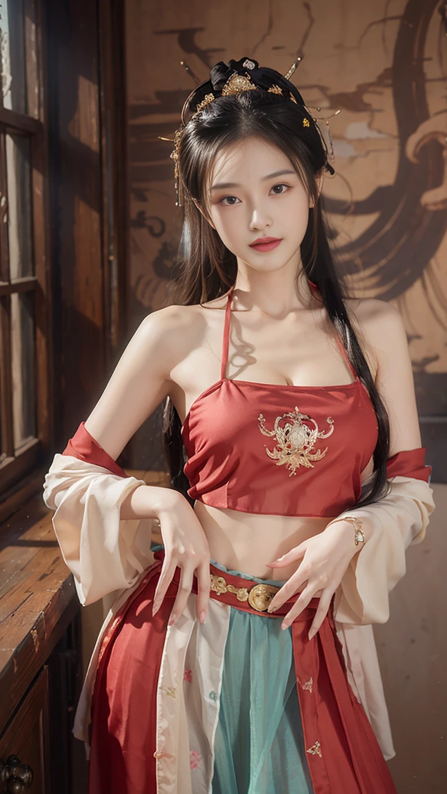 (THE MOST BEAUTIFUL GIRL IN THE WORLD),(LIGHT SKIN GIRL), (AGE 14 YO), (LARGE BREASTS CAN NOT BE VIEWED BY VIEWER), (SEPARATED CLEAVAGE),(CUTE SMILE LIPS PARTIALLY OPEN SEE TEETH),1 girl, Dunhuang flying costume, messy long hair, Zied G, Dunhuang style, A lot of smoke, superb, elegant color, red belt, long skirt, high split ends, Showing thighs, actual, high detail, masterpiece, Ultra-detaileded, dynamic angle, mural background, ink, Astonishing, light, illustration, chiaroscuro, backlight, divine light, best quality, best quality, anatomically correct, Surrealism, shadow, relief, Stereo view, vertical painting, leave, atmospheric perspective, 8k, Ultra-detailed, precise, best quality, anatomically correct, high details, best quality, high quality, high resolution