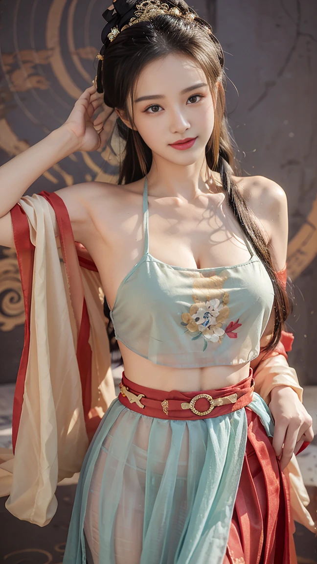 (THE MOST BEAUTIFUL GIRL IN THE WORLD),(LIGHT SKIN GIRL), (AGE 14 YO), (LARGE BREASTS CAN NOT BE VIEWED BY VIEWER), (SEPARATED CLEAVAGE),(CUTE SMILE LIPS PARTIALLY OPEN SEE TEETH),1 girl, Dunhuang flying costume, messy long hair, Zied G, Dunhuang style, A lot of smoke, superb, elegant color, red belt, long skirt, high split ends, Showing thighs, actual, high detail, masterpiece, Ultra-detaileded, dynamic angle, mural background, ink, Astonishing, light, illustration, chiaroscuro, backlight, divine light, best quality, best quality, anatomically correct, Surrealism, shadow, relief, Stereo view, vertical painting, leave, atmospheric perspective, 8k, Ultra-detailed, precise, best quality, anatomically correct, high details, best quality, high quality, high resolution