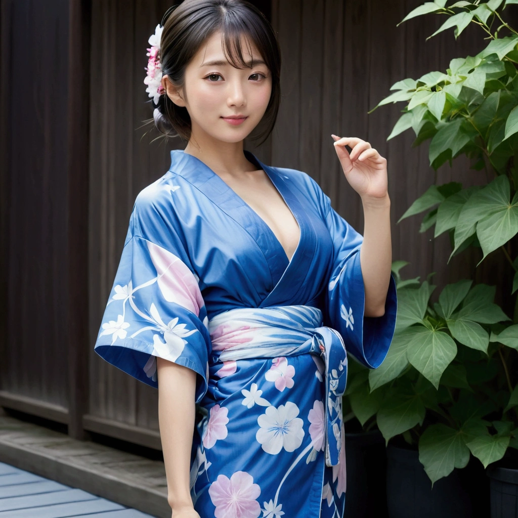 (masterpiece、high resolution、high quality)、Beautiful Japanese Women:1.3,Model Body Type、Beautiful body、Japanese Yukata、Soaring、night、Laughter、Clear Eyes、(((Flat Chest)))、Beautiful Skin、Yukata Beauty、Morning glory pattern yukata、Cool Summer、Professional Photography、