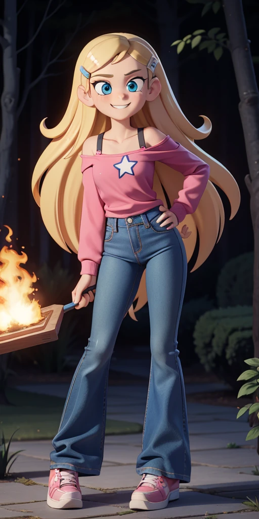 score_9, source_cartoon, masterpiece, best quality, 1girl, solo, Kelly Marra, looking very happy, long hair, blonde hair, cute blue eyes, hair ornament, white long sleeves, hairclip, flare blue pants(Wide flares on pants:1.2), pink shoes, off shoulder, white star (symbol) in the middle of the shirt, Pink t-shirt,
