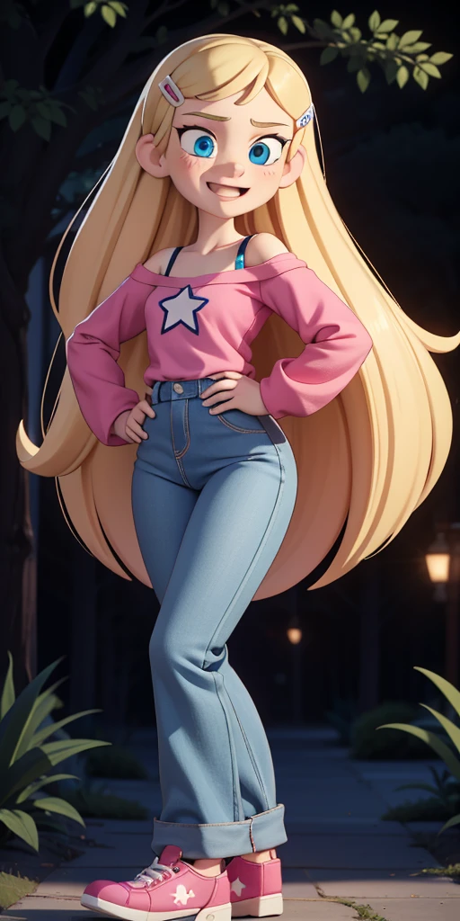 score_9, source_cartoon, masterpiece, best quality, 1girl, solo, Kelly Marra, looking very happy, long hair, blonde hair, cute blue eyes, hair ornament, white long sleeves, hairclip, flare blue pants(Wide flares on pants:1.2), pink shoes, off shoulder, white star (symbol) in the middle of the shirt, Pink t-shirt,
