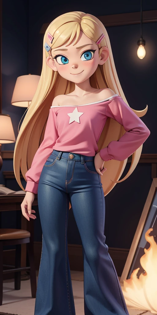 score_9, source_cartoon, masterpiece, best quality, 1girl, solo, Kelly Marra, looking very happy, long hair, blonde hair, cute blue eyes, hair ornament, white long sleeves, hairclip, flare blue pants(Wide flares on pants:1.2), pink shoes, off shoulder, white star (symbol) in the middle of the shirt, Pink t-shirt,
