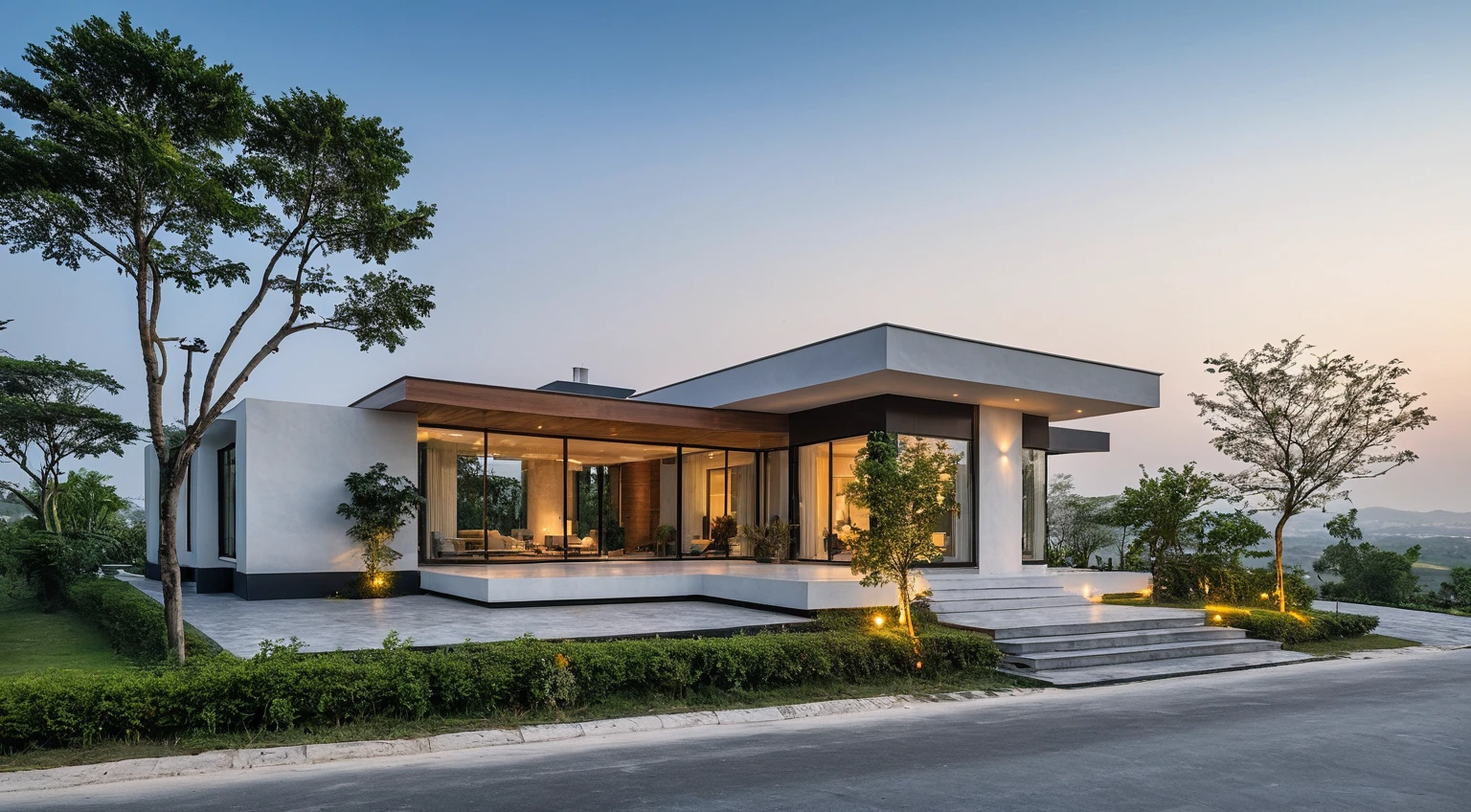 raw photo, best quality, ultra realistic, masterpiece, best quality skin, photography hd, dslr,
tcs, httlvn, modern house, road, people, house, facade design, outdoors, house, white walls, cross on top, curved shape building, 
Dusk, sunshine, 
View from a tree, dof view, 