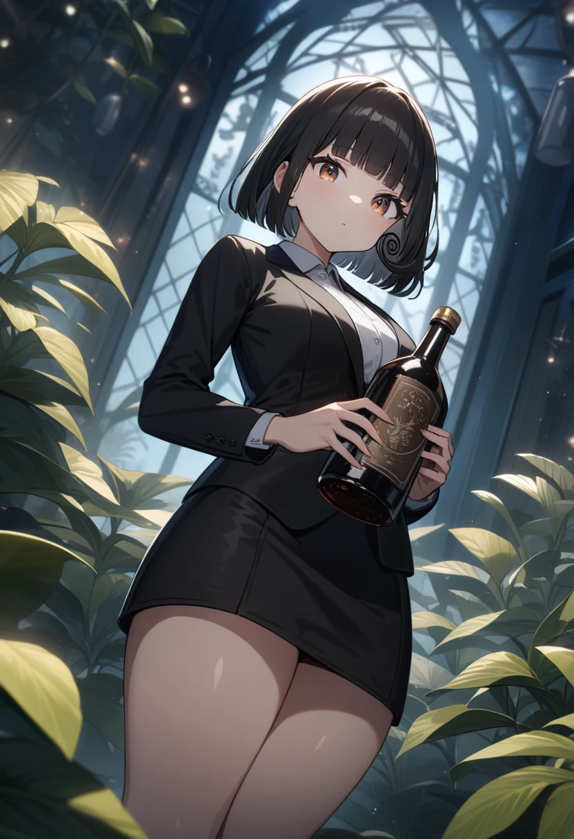 masterpiece, best quality, very aesthetic, absurdres, source anime, anime, super detailed, extreme detailed, general, 
1girl, standing, holding small bottle, looking at viewer, from below, dutch angle, BREAK girl, 22yo, short hair, bob cut, (blunt bangs), black hair, (tareme, detailed cute brown eyes), curled eyelashes, (large breasts:0.9), shiny hair, beautiful detailed eyes, beautiful face, white collared shirt, black jacket, black tight mini skirt, expressionless, Greenhouse on the roof of a building, night, Rafflesia, (Strange plant:1.2), (swirling hatred:1.4),