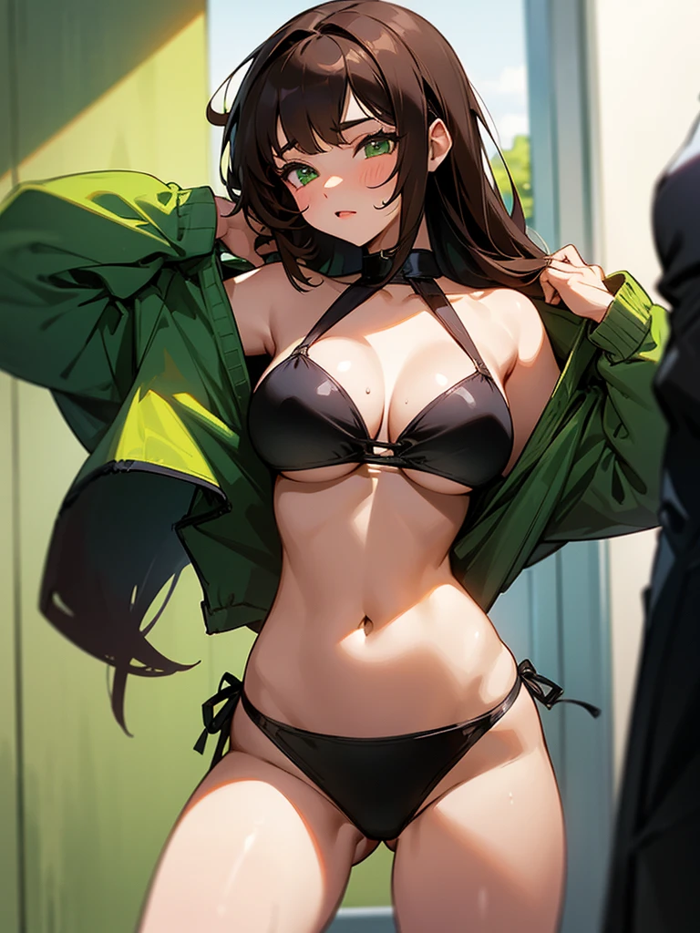 A 14 year old girl with dark brown hair, green eyes, Very sexy and exciting black bikini with big breasts and a room in the background