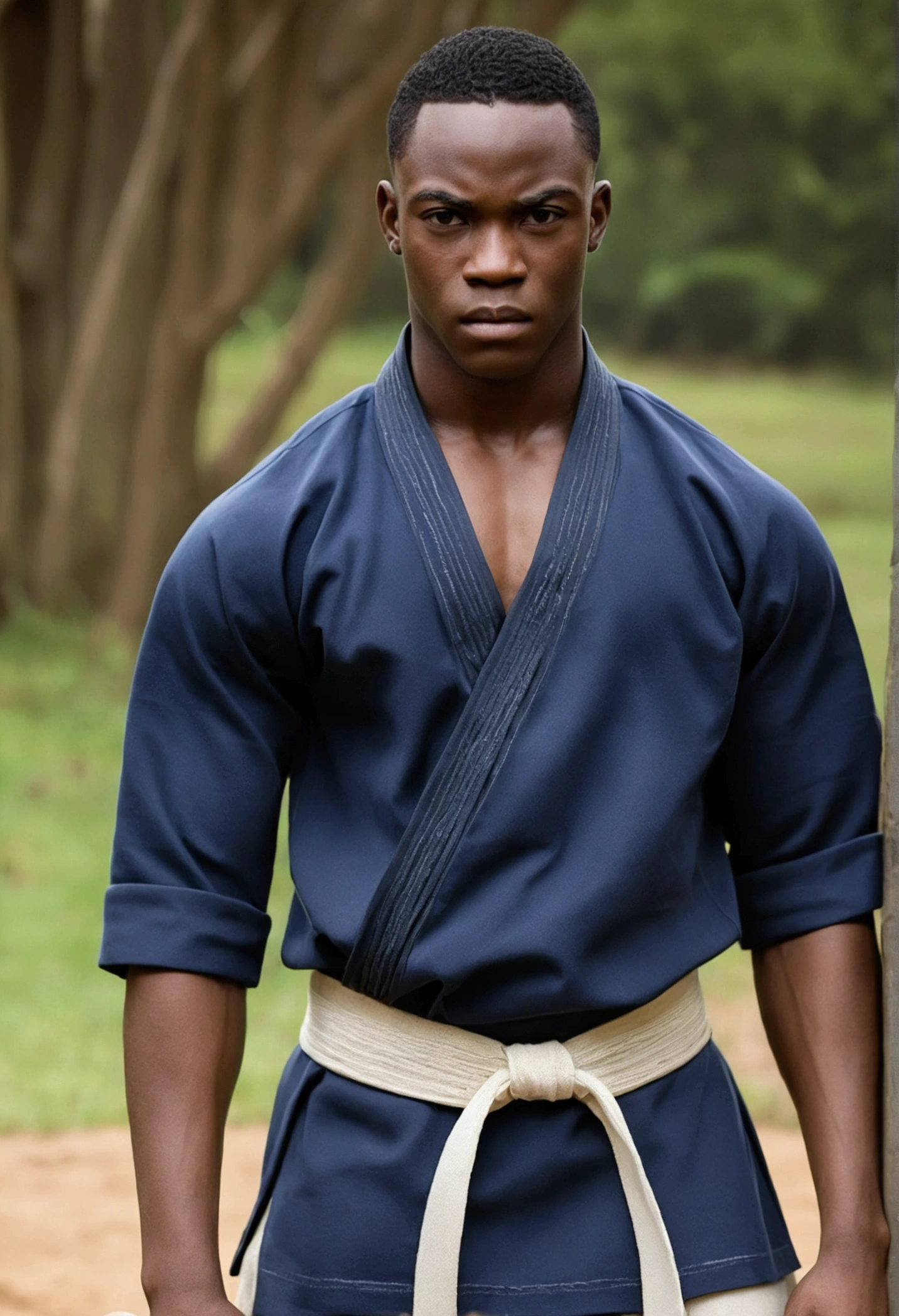 Physical description: Kwame is an 18 year old African teenager, with an athletic structure and well-defined muscles due to his constant training in martial arts. Their hair is short and dark, with a determined expression on his angular face.
Personality Traits: Kwame is resilient and focused, Known for his exceptional skill in combat and strategy. He is serious and sometimes reserved, hiding your deep emotions behind a facade of courage and strength.
Dress Style: Kwame dresses in practical and functional clothes, generally using sober colors like black and gray. He carries with him a sense of discipline and purpose in every movement.