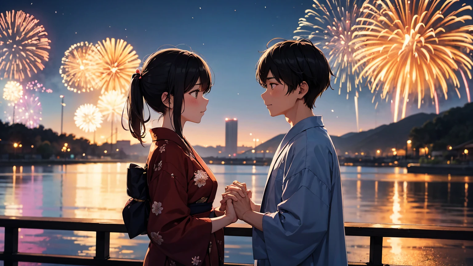 Fireworks Night、Many fireworks are launched from the riverbank in the background.。The 25-year-old man was wearing a brown jinbei.、The woman is and is wearing a floral yukata.。The man is tall、They are holding hands, blushing and looking at each other。There is a height difference, the man is taller。
