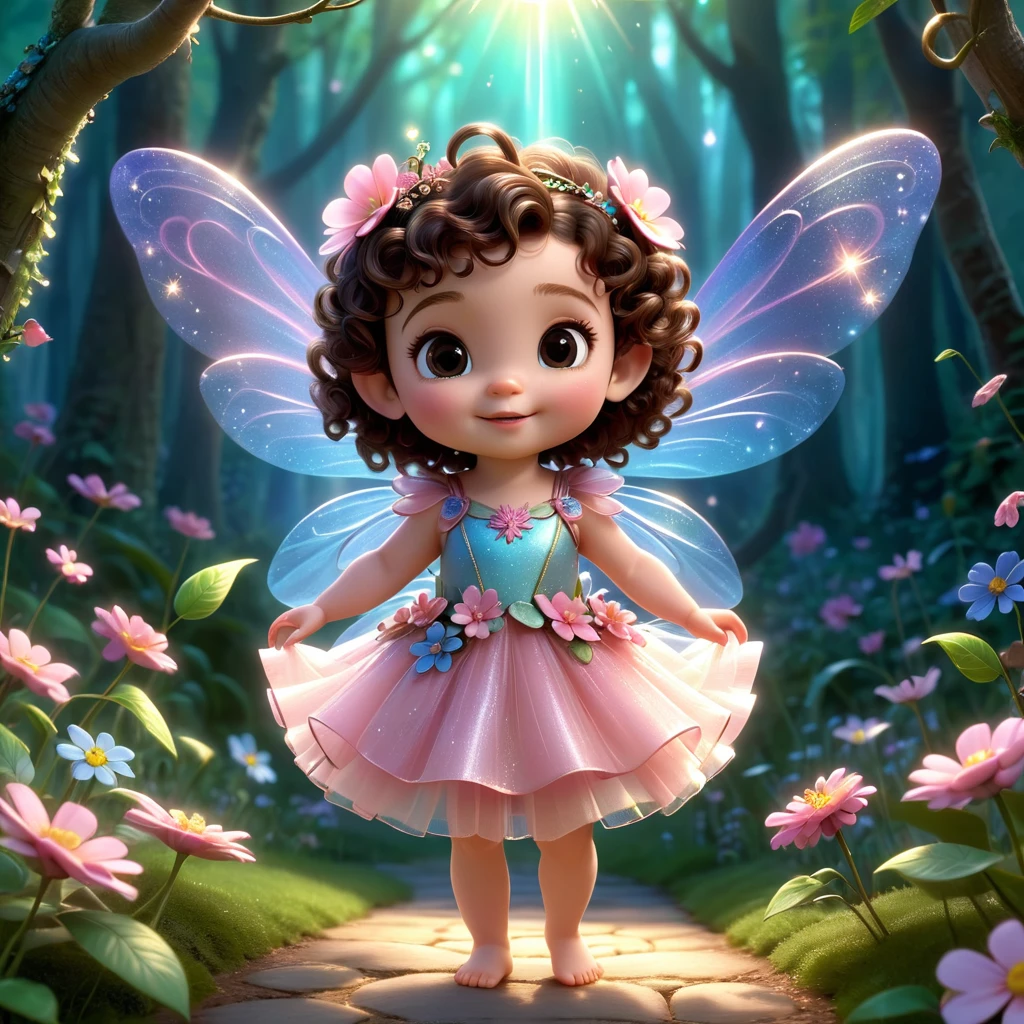 a baby fairy pixar 3d the fairy is a one year old baby fairy has fair skin brown eyes and dark brown curly hair, with well defined curls, very short hair, decorated with flowers, She is wearing a tulle fairy dress pink decorated with flowers, its wings are translucent pink and blue. The fairy is in a beautiful forest lit by sunlight and appears full body, with magical fairy dust.