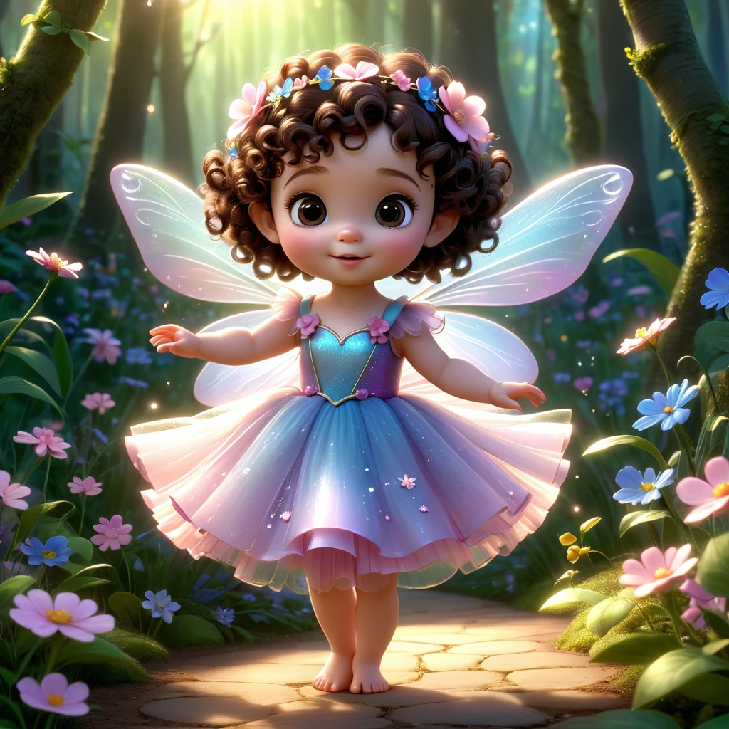 a baby fairy pixar 3d the fairy is a one year old baby fairy has fair skin brown eyes and dark brown curly hair, with well defined curls, very short hair, decorated with flowers, She is wearing a tulle fairy dress pink decorated with flowers, its wings are translucent pink and blue. The fairy is in a beautiful forest lit by sunlight and appears full body, with magical fairy dust.