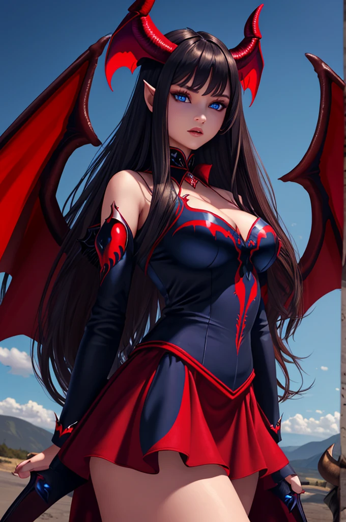 16 year old Kristina Romanova, ultra detailed face, ultra detailed blue eyes, long black hair, horns, (red dress, skirt), (((masterpiece, large demon wings:1.3)))