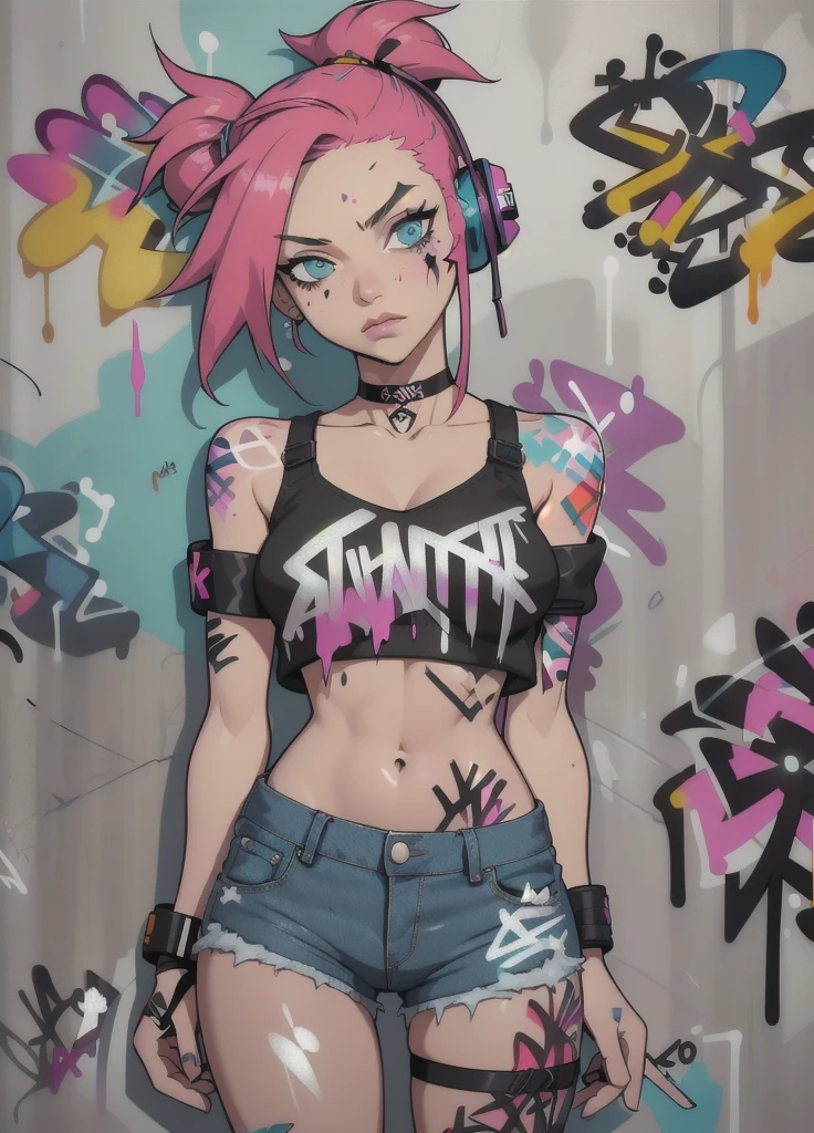 masterpiece, best quality, 1girl, solo, crop top, denim shorts, choker, (graffiti:1.5), paint splatter, arms behind back, against wall, looking at viewer, armband, thigh strap, paint on body, head tilt, bored, multicolored hair, aqua eyes, headset,