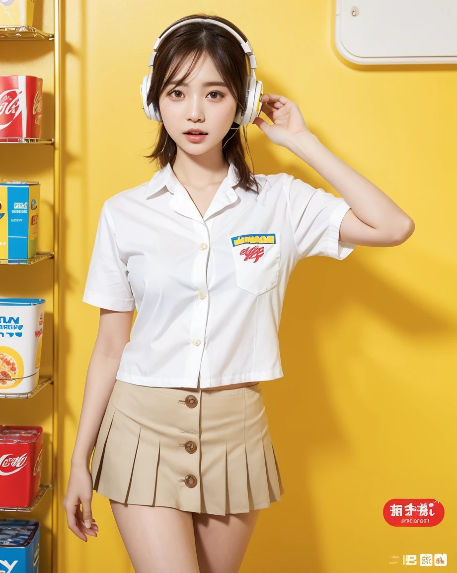 Realistic, 8K, masterpiece, RAW Photos, Highest quality, Realistic, 非常に詳細な CG Unity 8K 壁紙, Written boundary depth, Cinematic Light, Lens flare, Ray Tracing, Perfect lighting,short hair, (Delicate skin), (Delicate face), (Pop Background :1.1), person standing and watching、Comical movement,1 female、((Headphones)),(Yellow background),Modern Style,Artistic,moving composition,Unique Pattern,Bold Texture,colorful,Imaginative,Whimsical,Vibrant,like々Shii,Playful,Lively,creative,Expressive,stylish,trend,One Girl,Eating pizza、Coca-Cola Poster、Lemon on the background, (school uniform:1.2), ((loose style, tucked out tops):1.2), (short sleeve:1.3), (button-up:1.4), (thigh skin:1.4),(pleated mini skirt:1.2), (thigh skin:1.4),