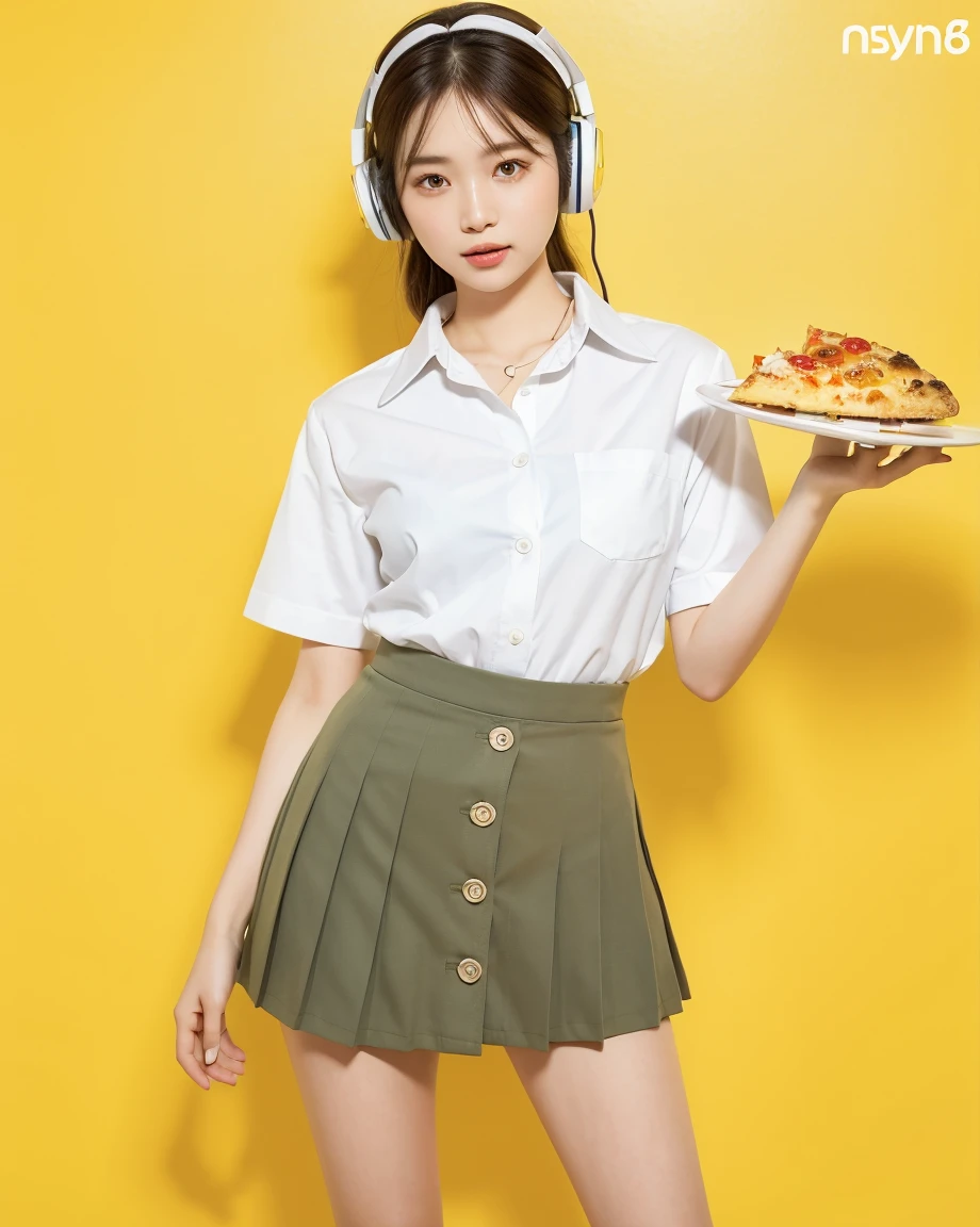 Realistic, 8K, masterpiece, RAW Photos, Highest quality, Realistic, 非常に詳細な CG Unity 8K 壁紙, Written boundary depth, Cinematic Light, Lens flare, Ray Tracing, Perfect lighting,short hair, (Delicate skin), (Delicate face), (Pop Background :1.1), person standing and watching、Comical movement,1 female、((Headphones)),(Yellow background),Modern Style,Artistic,moving composition,Unique Pattern,Bold Texture,colorful,Imaginative,Whimsical,Vibrant,like々Shii,Playful,Lively,creative,Expressive,stylish,trend,One Girl,Eating pizza、Coca-Cola Poster、Lemon on the background, (school uniform:1.2), ((loose style, tucked out tops):1.2), (short sleeve:1.3), (button-up:1.4), (thigh skin:1.4),(pleated mini skirt:1.2), (thigh skin:1.4),