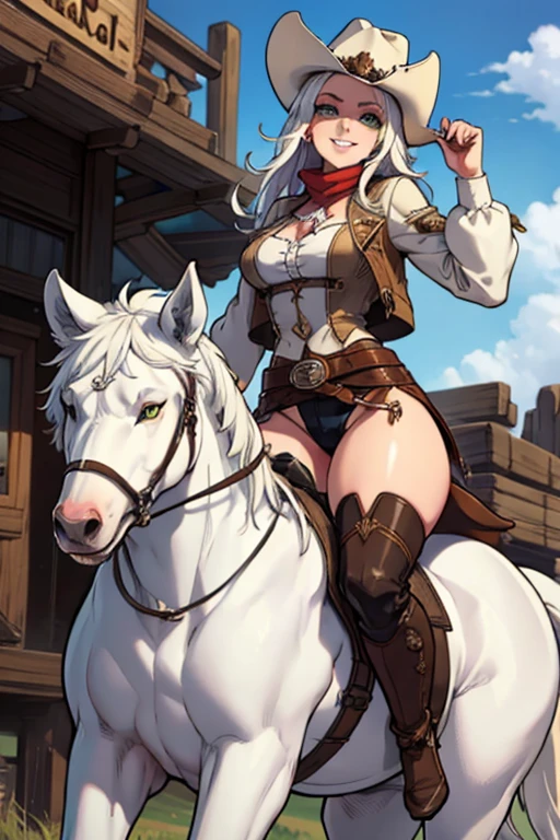 Perfect face, perfect hands. A white haired female cowgirl with green eyes with an hourglass figure with white wolf ears and a white wolf tail in a conservative cowgirl outfit is riding a horse through a wild west town with a big smile