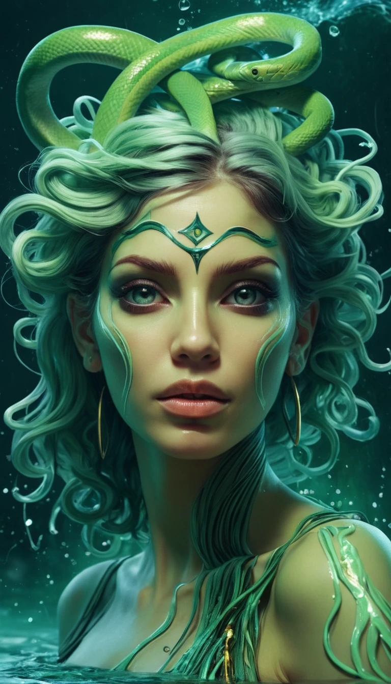 "representation of the zodiac sign Ophiuchus in the form of a woman: fantastic high definition art (8K) with light green tones and the element of water, painted hair, penetrating and expressive eyes and identifying snakes as the sign of the zodiac. of the zodiac sign Libra in the form of a woman: fantastic art in high definition (8K) with dark fire and red tones, wide and dark hair, penetrating and expressive eyes, and elements that identify libra as the libra or symbols related to this zodiac sign." mujer, chica, mujer, mujer.