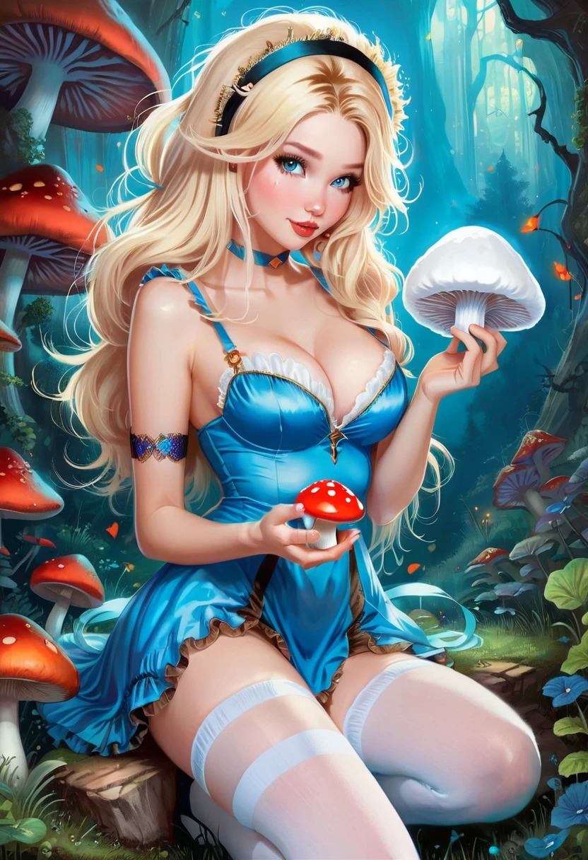 a beautiful 20 year old blonde woman with big messy hair in a blue dress, white stockings, black headband, cleavage, holding a glowing mushroom, fantasy art style, rossdraws cartoon vibrant, alice x. zhang, alice in wonderland cyberpunk, cute detailed digital art, colorfull digital fantasy art, digital fantasy art ), glossy digital painting, rossdraws pastel vibrant, rossdraws 2. 5, rossdraws 1. 0