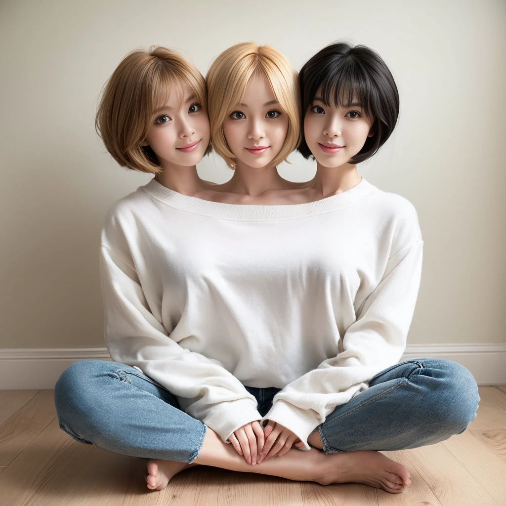 Best resolution, 2 heads, korean woman with three heads, sweater, different faces, jeans , sitting
