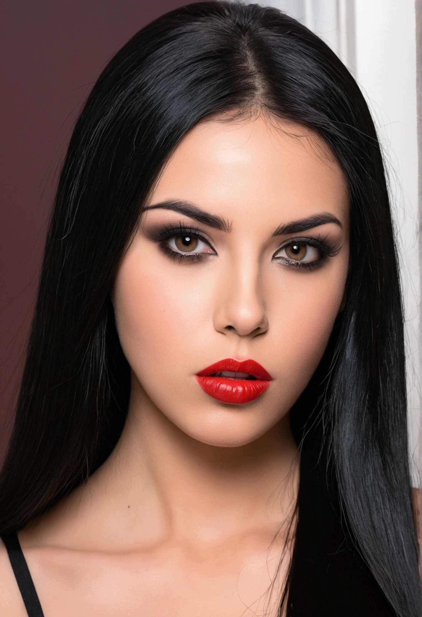 A beautiful 25 years old bad and arrogant girl with a sharp face, straight long black hair, brown eyes, red lips and she has smokey eyes and she is sucking a big long dick.
