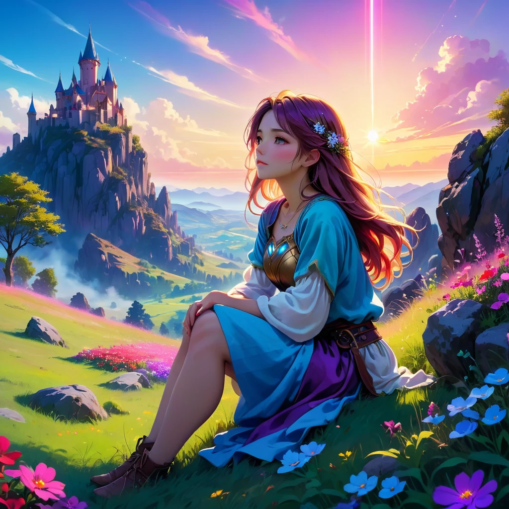 anime-style illustration, The image shows a young woman sitting on the grass watching overlooks the vast expanse of clear blue sky, flower colorful color blue red green purple yellow, fantasy world medieval, rocks, vibrant style, Vibrant colors include deep purples, electric blues, neon pinks, and shimmering golds. The lighting is ethereal, intense and rich COLORS VIVID, glowing everywhere, dramatic lighting, epic, majestic, awe-inspiring, mystical, ethereal, The sky above is clear blue sky, The atmosphere is full of magical color films, High Detail.