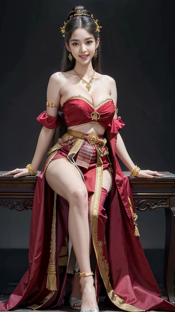 ((THE MOST BEAUTIFUL GIRL IN THE WORLD),(LIGHT SKIN GIRL), (AGE 14 YO), (LARGE BREASTS CAN NOT BE VIEWED BY VIEWER), (SEPARATED CLEAVAGE),(CUTE SMILE LIPS PARTIALLY OPEN SEE TEETH),realistic:1.3), Crazy details, quality, (Masterpiece:1.2), (ภาพrealistic:1.2), (qualityที่ดีที่สุด), (Beautiful skin:1.3), (There are complicated details...), Ray tracing, ((Full body)), ((ผู้หญิง 1 person)), (((1 person))), 18-20 years old, ((stand)), ((long hair, for a very long time., ปล่อยlong hair)), ((small waist)), ((Long legs, beautiful thighs, Thin)), smile, ((red chest covering)), red coat, red striped skirt., Contrasting colors with dresses and skirts..., ((Show off one beautiful shoulder..)), ((โชว์Long legsสวย)), skirt pattern, earring, necklace, Javanese jewelry, ((Breast cleavage)), ((big breast)), ((Beautiful breasts)), ((เสริมbig breasts)), ((full chest)), ((big breasts)), Long legs, white skin, charming, sit, (blurred background), 