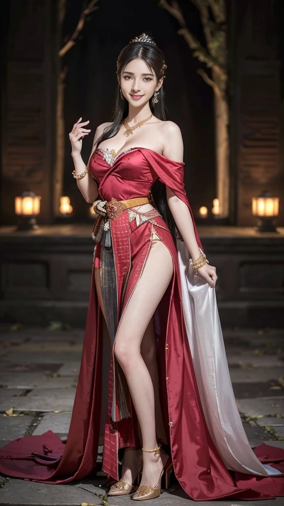 ((THE MOST BEAUTIFUL GIRL IN THE WORLD),(LIGHT SKIN GIRL), (AGE 14 YO), (LARGE BREASTS CAN NOT BE VIEWED BY VIEWER), (SEPARATED CLEAVAGE),(CUTE SMILE LIPS PARTIALLY OPEN SEE TEETH),realistic:1.3), Crazy details, quality, (Masterpiece:1.2), (ภาพrealistic:1.2), (qualityที่ดีที่สุด), (Beautiful skin:1.3), (There are complicated details...), Ray tracing, ((Full body)), ((ผู้หญิง 1 person)), (((1 person))), 18-20 years old, ((stand)), ((long hair, for a very long time., ปล่อยlong hair)), ((small waist)), ((Long legs, beautiful thighs, Thin)), smile, ((red chest covering)), red coat, red striped skirt., Contrasting colors with dresses and skirts..., ((Show off one beautiful shoulder..)), ((โชว์Long legsสวย)), skirt pattern, earring, necklace, Javanese jewelry, ((Breast cleavage)), ((big breast)), ((Beautiful breasts)), ((เสริมbig breasts)), ((full chest)), ((big breasts)), Long legs, white skin, charming, sit, (blurred background), 
