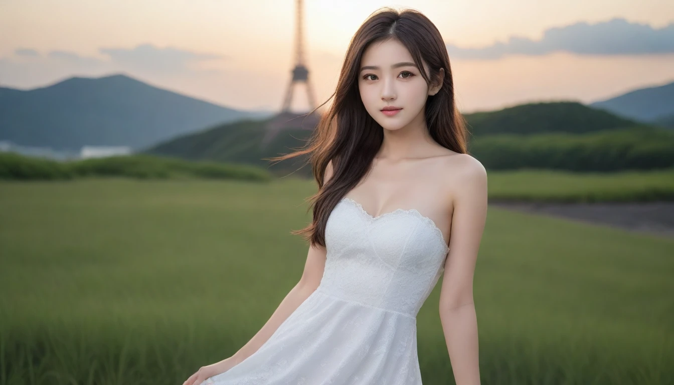 8K, Ultra-high resolution, Highest quality, masterpiece, 三分割法によるphotograph,Surreal, photograph, 1 Girl, (16 years old:1.3), pretty girl, Cute face, Beautiful eyes in every detail, 細かくdetailedに,masterpiece,One Girl:1.2, Japan Female Announcer,whole body,Fearful expression,Black Hair,Messy hair,広大な風景photograph、grassland、(View from below、Shows the sky above and below)、sunset、Girl in a white dress looking to the side、smile,Deng,Beautiful leg line beauty,Realistic Skin, Perfect and beautiful face ,完璧でCute face, Skin with attention to detail, Perfect limbs、Narrow waist、Thin legs),Looking at the audience、beauty,Long neck、(((Ideal body type))),A cup small breasts :2,Portraiture:2,Perfect ???????,鮮明なdetailed,detailed,Surreal,Light and shadow,darkness