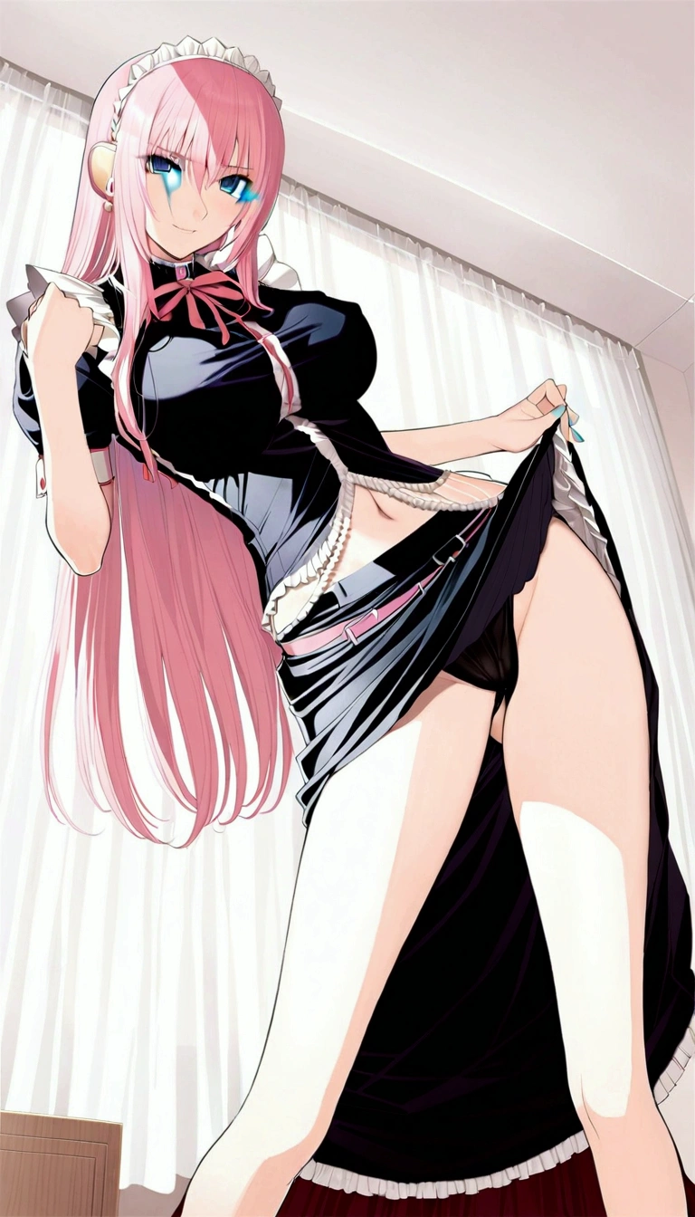 ((nsfw:1.2)),{{Masterpiece:1.5}},{Detailed and beautiful depiction 1.5},Official Art,Beautiful adult woman ,Megurine Luka,Pink long hair,blue eyes,Large Breasts,Erotic smile temptation,Maid clothes,She lifts her skirt to reveal her black shorts,bedroom