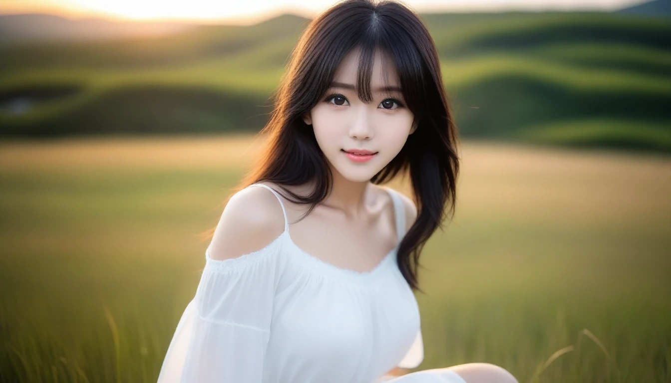 8K, Ultra-high resolution, Highest quality, masterpiece, 三分割法によるphotograph,Surreal, photograph, 1 Girl, (:1.3), pretty girl, Cute face, Beautiful eyes in every detail, 細かくdetailedに,masterpiece,One Girl:1.2, Japan Female Announcer,whole body,Fearful expression,Black Hair,Messy hair,広大な風景photograph、grassland、(View from below、Shows the sky above and below)、sunset、Girl in a white dress looking to the side、smile,Deng,Beautiful leg line beauty,Realistic Skin, Perfect and beautiful face ,完璧でCute face, Skin with attention to detail, Perfect limbs、Narrow waist、Thin legs),Looking at the audience、beauty,Long neck、(((Ideal body type))),A cup small breasts :2,Portraiture:2,Perfect Anatomy,鮮明なdetailed,detailed,Surreal,Light and shadow,darkness
