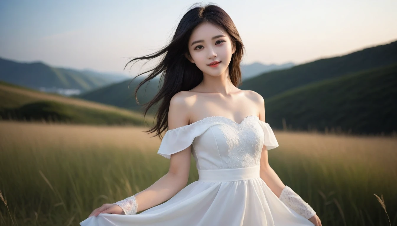 8K, Ultra-high resolution, Highest quality, masterpiece, 三分割法によるphotograph,Surreal, photograph, 1 Girl, (:1.3), pretty girl, Cute face, Beautiful eyes in every detail, 細かくdetailedに,masterpiece,One Girl:1.2, Japan Female Announcer,whole body,Fearful expression,Black Hair,Messy hair,広大な風景photograph、grassland、(View from below、Shows the sky above and below)、sunset、Girl in a white dress looking to the side、smile,Deng,Beautiful leg line beauty,Realistic Skin, Perfect and beautiful face ,完璧でCute face, Skin with attention to detail, Perfect limbs、Narrow waist、Thin legs),Looking at the audience、beauty,Long neck、(((Ideal body type))),A cup small breasts :2,Portraiture:2,Perfect Anatomy,鮮明なdetailed,detailed,Surreal,Light and shadow,darkness
