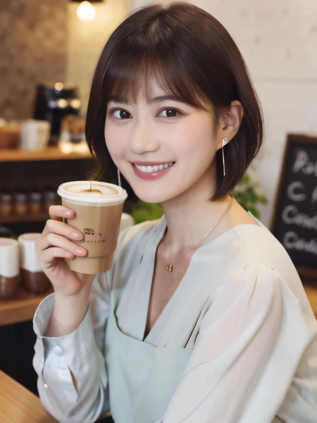 Clear Beauty、Short Haircut、 smile、Beautiful teeth alignment、Brown Hair、ear piercing、Necklace around the neck、Long sleeve blouse、The background is a coffee shop
