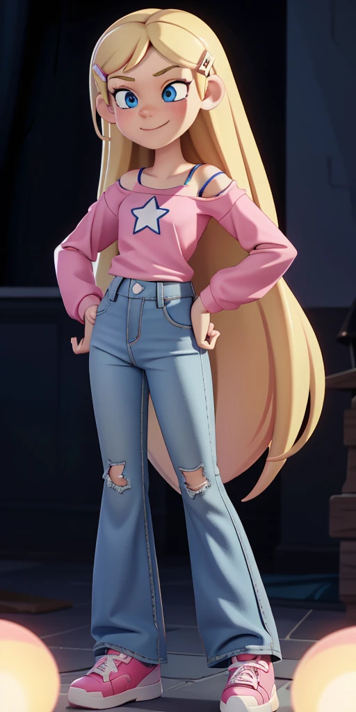 score_9, source_cartoon, masterpiece, best quality, 1girl, solo, Kelly Marra, looking very happy, long hair, blonde hair, cute blue eyes, hair ornament, white long sleeves, hairclip, flare blue pants(Wide flares on pants:1.2), pink shoes, off shoulder, white star (symbol) in the middle of the shirt, Pink t-shirt,
